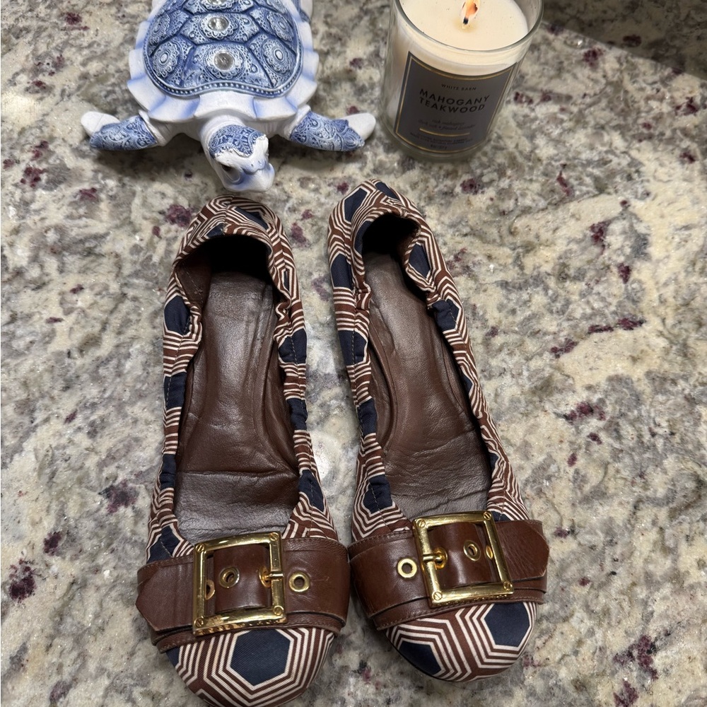 Tory Burch Buckle Sandals Flats Slip Ons Pattern Brown - Picture 3 of 10